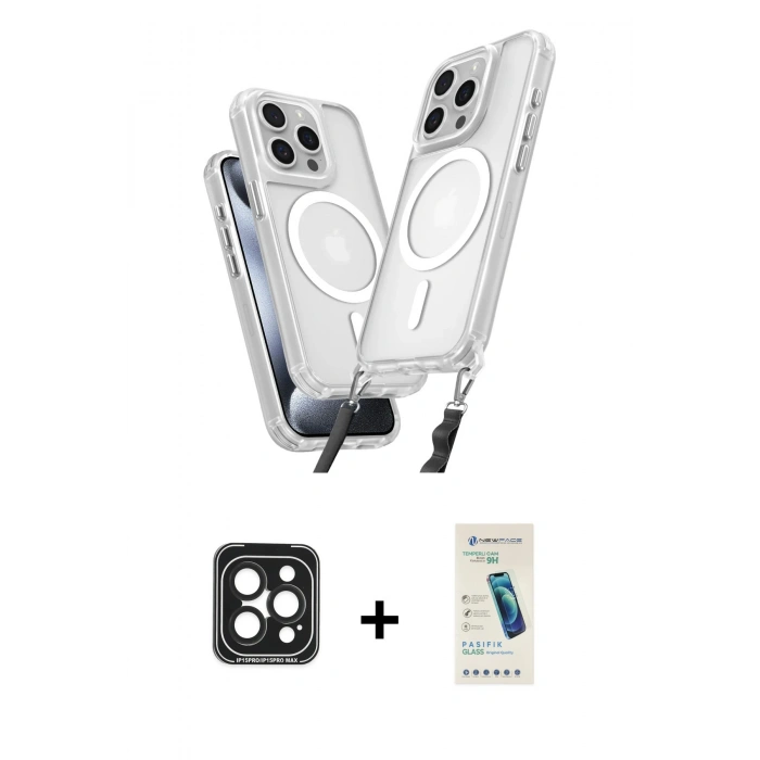 MARSİLYAN™- iPhone 15 Pro Max Kılıf Atlas Doku Koleksiyonu - Şeffaf Pasifik Cam Ekran Koruyucu + Siyah PVD Metal Kamera Lens