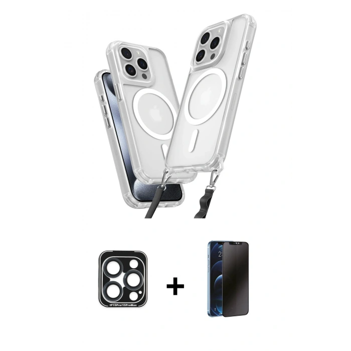 MARSİLYAN™- iPhone 15 Pro Max Kılıf Atlas Doku Koleksiyonu - Siyah 3D Antistatik Hayalet Cam Ekran Koruyucu + PVD Metal Kamera Lens - LT