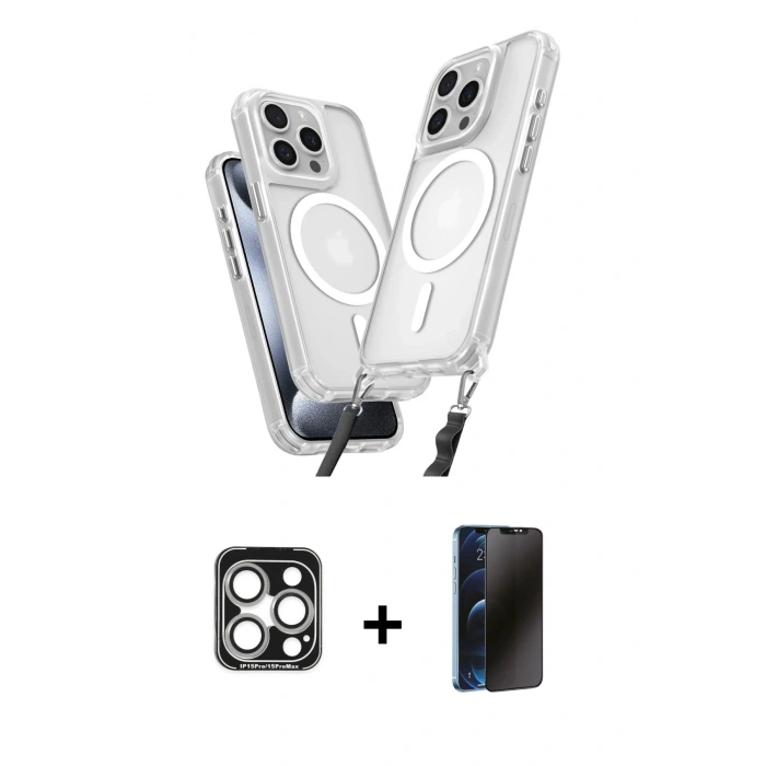 MARSİLYAN™- iPhone 15 Pro Max Kılıf Atlas Doku Koleksiyonu - Siyah 3D Antistatik Hayalet Cam Ekran Koruyucu + PVD Metal Kamera Lens - GS