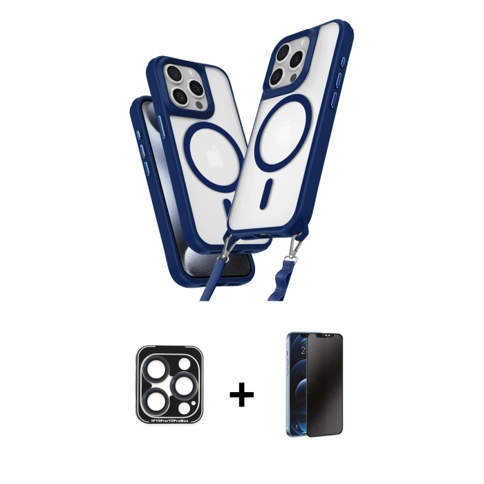 MARSİLYAN™- iPhone 15 Pro Max Kılıf Atlas Doku Koleksiyonu - Siyah 3D Antistatik Hayalet Cam Ekran Koruyucu + PVD Metal Kamera Lens - LT
