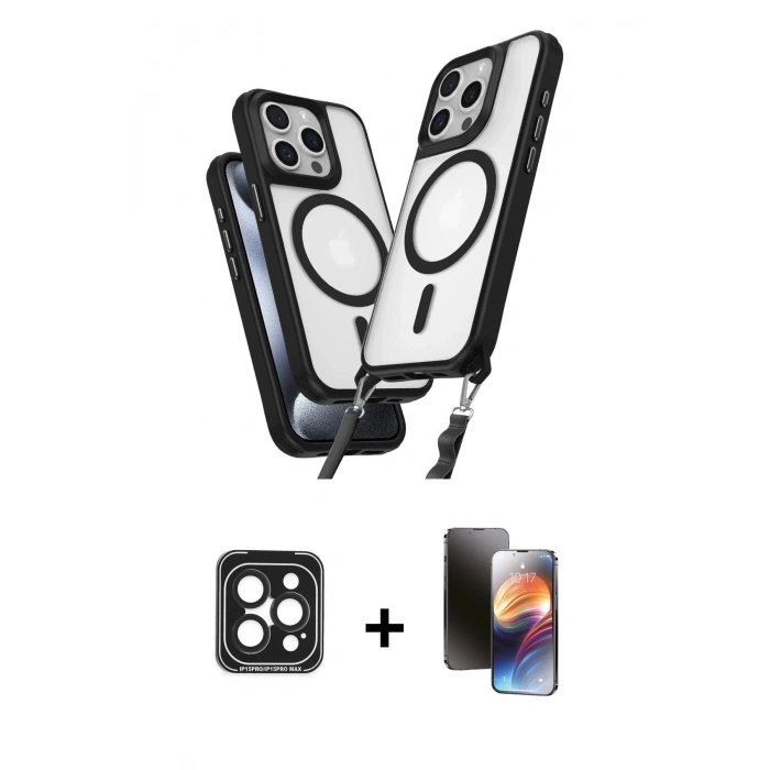 MARSİLYAN™- iPhone 15 Pro Max Kılıf Atlas Doku Koleksiyonu - Siyah 3D Antistatik Mat Seramik Nano Ekran Koruyucu + Siyah PVD Metal Kamera Lens