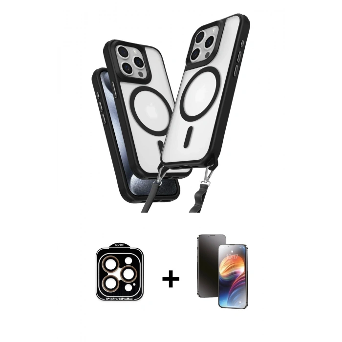 MARSİLYAN™- iPhone 15 Pro Max Kılıf Atlas Doku Koleksiyonu - Siyah 3D Antistatik Mat Seramik Nano Ekran Koruyucu + PVD Metal Kamera Lens - TU