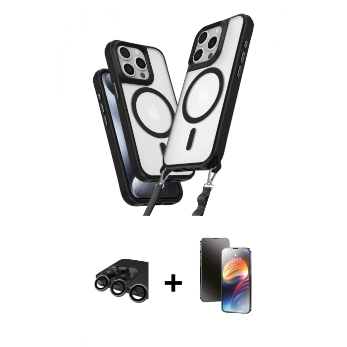 MARSİLYAN™- iPhone 15 Pro Max Kılıf Atlas Doku Koleksiyonu - Siyah 3D Antistatik Mat Seramik Nano Ekran Koruyucu + Raze Metal Kamera Lens - TMGI