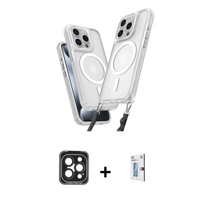 MARSİLYAN™- iPhone 15 Pro Max Kılıf Atlas Doku Koleksiyonu - Siyah Bilvis 0.18mm Plus Cam Ekran Koruyucu + PVD Metal Kamera Lens - SH