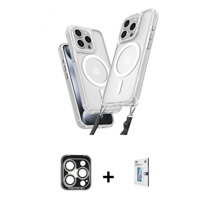 MARSİLYAN™- iPhone 15 Pro Max Kılıf Atlas Doku Koleksiyonu - Siyah Bilvis 0.18mm Plus Cam Ekran Koruyucu + PVD Metal Kamera Lens - GS