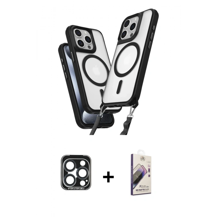MARSİLYAN™- iPhone 15 Pro Max Kılıf Atlas Doku Koleksiyonu - Siyah Bilvis 3D Mat Cam Ekran Koruyucu + PVD Metal Kamera Lens - LT