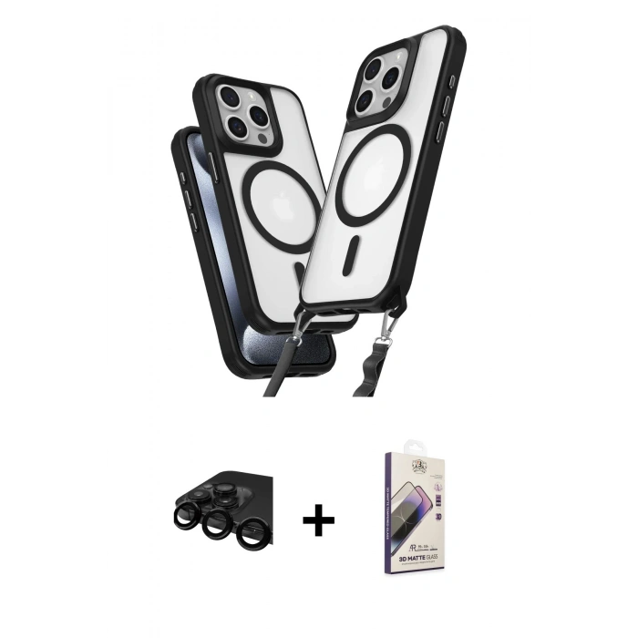 MARSİLYAN™- iPhone 15 Pro Max Kılıf Atlas Doku Koleksiyonu - Siyah Bilvis 3D Mat Cam Ekran Koruyucu + Raze Metal Kamera Lens - SH