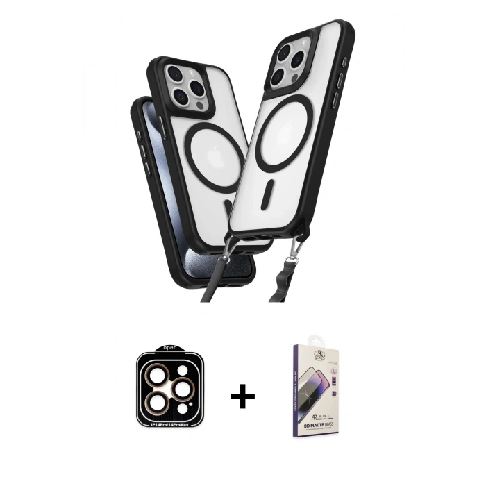 MARSİLYAN™- iPhone 15 Pro Max Kılıf Atlas Doku Koleksiyonu - Siyah Bilvis 3D Mat Cam Ekran Koruyucu + PVD Metal Kamera Lens - TU