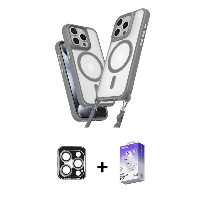 MARSİLYAN™- iPhone 15 Pro Max Kılıf Atlas Doku Koleksiyonu - Siyah Bilvis 5in1 3D Magic Cam Ekran Koruyucu + PVD Metal Kamera Lens - GS