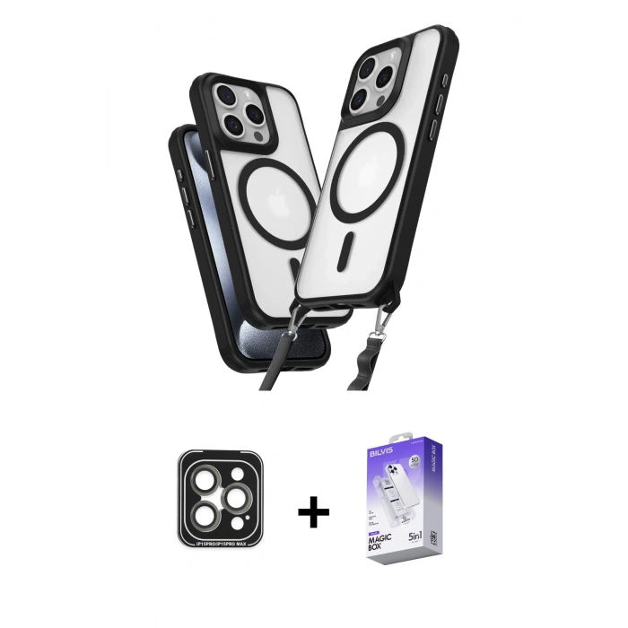 MARSİLYAN™- iPhone 15 Pro Max Kılıf Atlas Doku Koleksiyonu - Siyah Bilvis 5in1 3D Magic Cam Ekran Koruyucu + PVD Metal Kamera Lens - GI