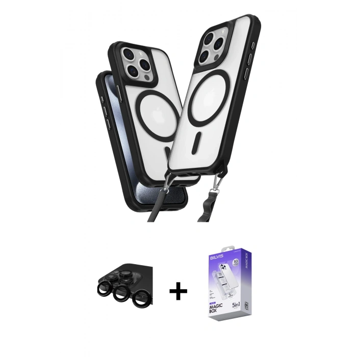 MARSİLYAN™- iPhone 15 Pro Max Kılıf Atlas Doku Koleksiyonu - Siyah Bilvis 5in1 3D Magic Cam Ekran Koruyucu + Siyah Raze Metal Kamera Lens