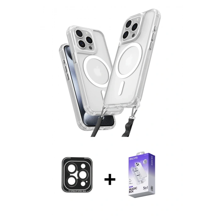 MARSİLYAN™- iPhone 15 Pro Max Kılıf Atlas Doku Koleksiyonu - Siyah Bilvis 5in1 3D Magic Cam Ekran Koruyucu + PVD Metal Kamera Lens - SH