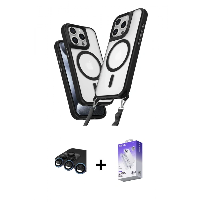 MARSİLYAN™- iPhone 15 Pro Max Kılıf Atlas Doku Koleksiyonu - Siyah Bilvis 5in1 3D Magic Cam Ekran Koruyucu + Raze Metal Kamera Lens - LT