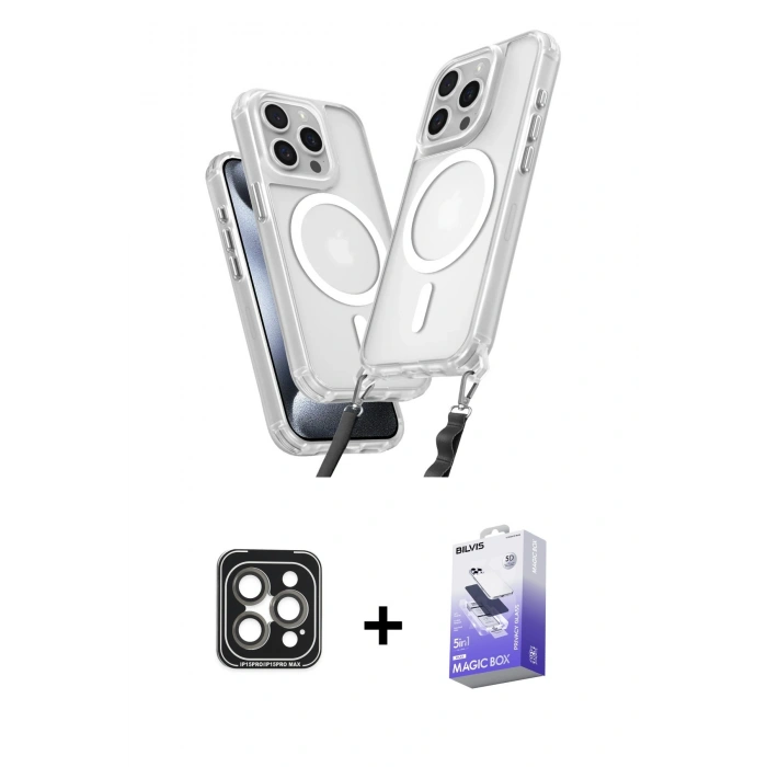 MARSİLYAN™- iPhone 15 Pro Max Kılıf Atlas Doku Koleksiyonu - Siyah Bilvis 5in1 5D Magic Hayalet Cam Ekran Koruyucu + PVD Metal Kamera Lens - GI