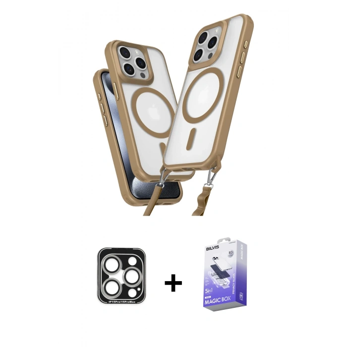 MARSİLYAN™- iPhone 15 Pro Max Kılıf Atlas Doku Koleksiyonu - Siyah Bilvis 5in1 5D Magic Hayalet Cam Ekran Koruyucu + Gümüş PVD Metal Kamera Lens