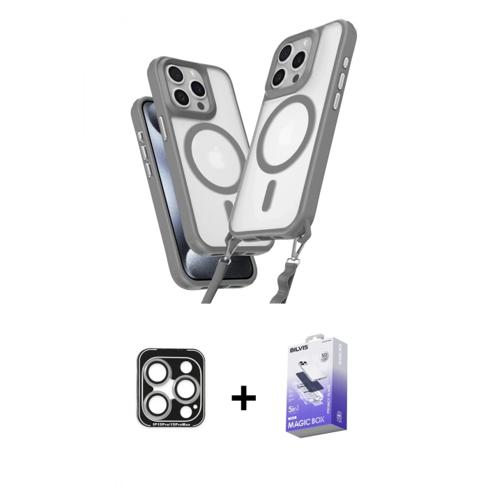 MARSİLYAN™- iPhone 15 Pro Max Kılıf Atlas Doku Koleksiyonu - Siyah Bilvis 5in1 5D Magic Hayalet Cam Ekran Koruyucu + Gümüş PVD Metal Kamera Lens