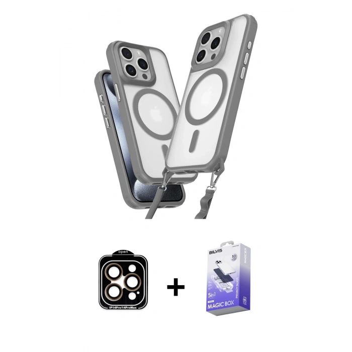MARSİLYAN™- iPhone 15 Pro Max Kılıf Atlas Doku Koleksiyonu - Siyah Bilvis 5in1 5D Magic Hayalet Cam Ekran Koruyucu + PVD Metal Kamera Lens - TU