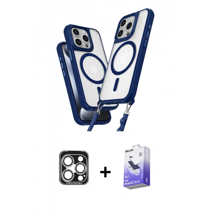 MARSİLYAN™- iPhone 15 Pro Max Kılıf Atlas Doku Koleksiyonu - Siyah Bilvis 5in1 5D Magic Hayalet Cam Ekran Koruyucu + Gümüş PVD Metal Kamera Lens
