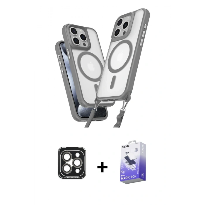 MARSİLYAN™- iPhone 15 Pro Max Kılıf Atlas Doku Koleksiyonu - Siyah Bilvis 5in1 5D Magic Hayalet Cam Ekran Koruyucu + PVD Metal Kamera Lens - GI
