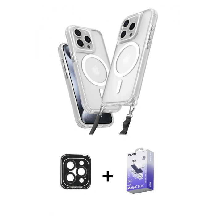 MARSİLYAN™- iPhone 15 Pro Max Kılıf Atlas Doku Koleksiyonu - Siyah Bilvis 5in1 5D Magic Hayalet Cam Ekran Koruyucu + PVD Metal Kamera Lens - SH