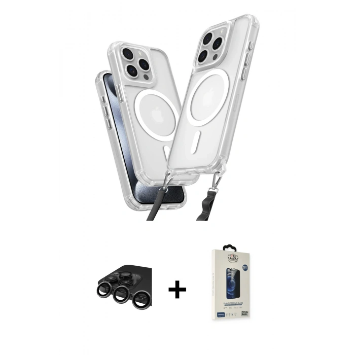 MARSİLYAN™- iPhone 15 Pro Max Kılıf Atlas Doku Koleksiyonu - Siyah Bilvis Hayalet Cam Ekran Koruyucu + Titanyum Gri Raze Metal Kamera Lens