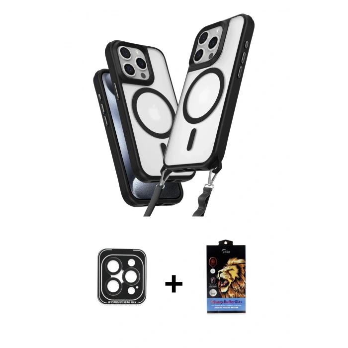 MARSİLYAN™- iPhone 15 Pro Max Kılıf Atlas Doku Koleksiyonu - Siyah Buffer Hayalet Cam Ekran Koruyucu + PVD Metal Kamera Lens - SH