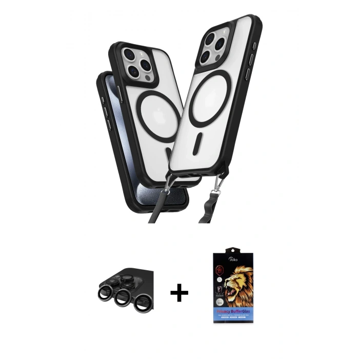 MARSİLYAN™- iPhone 15 Pro Max Kılıf Atlas Doku Koleksiyonu - Siyah Buffer Hayalet Cam Ekran Koruyucu + Raze Metal Kamera Lens - TMGI