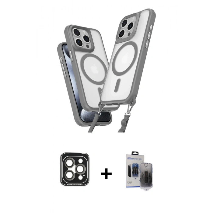 MARSİLYAN™- iPhone 15 Pro Max Kılıf Atlas Doku Koleksiyonu - Siyah Vanessa Magic Hayalet Cam + Gri PVD Metal Kamera Lens