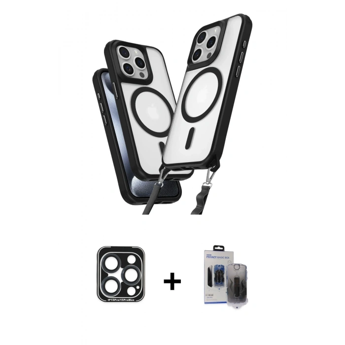 MARSİLYAN™- iPhone 15 Pro Max Kılıf Atlas Doku Koleksiyonu - Siyah Vanessa Magic Hayalet Cam + PVD Metal Kamera Lens - LT