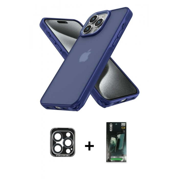 MARSİLYAN™- iPhone 15 Pro Max Kılıf Atlas Form - Şeffaf 360 Full Body Arka Koruyucu + PVD Metal Kamera Lens - LT