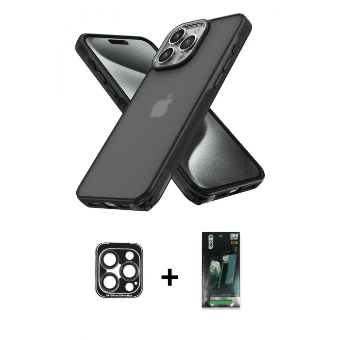 MARSİLYAN™- iPhone 15 Pro Max Kılıf Atlas Form - Şeffaf 360 Full Body Arka Koruyucu + PVD Metal Kamera Lens - LT