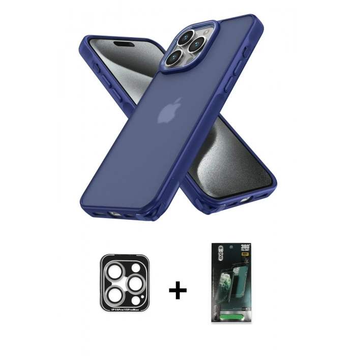 MARSİLYAN™- iPhone 15 Pro Max Kılıf Atlas Form - Şeffaf 360 Full Body Arka Koruyucu + PVD Metal Kamera Lens - GS