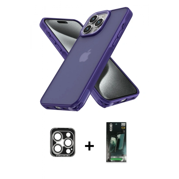 MARSİLYAN™- iPhone 15 Pro Max Kılıf Atlas Form - Şeffaf 360 Full Body Arka Koruyucu + PVD Metal Kamera Lens - GS