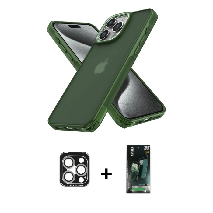 MARSİLYAN™- iPhone 15 Pro Max Kılıf Atlas Form - Şeffaf 360 Full Body Arka Koruyucu + PVD Metal Kamera Lens - GS