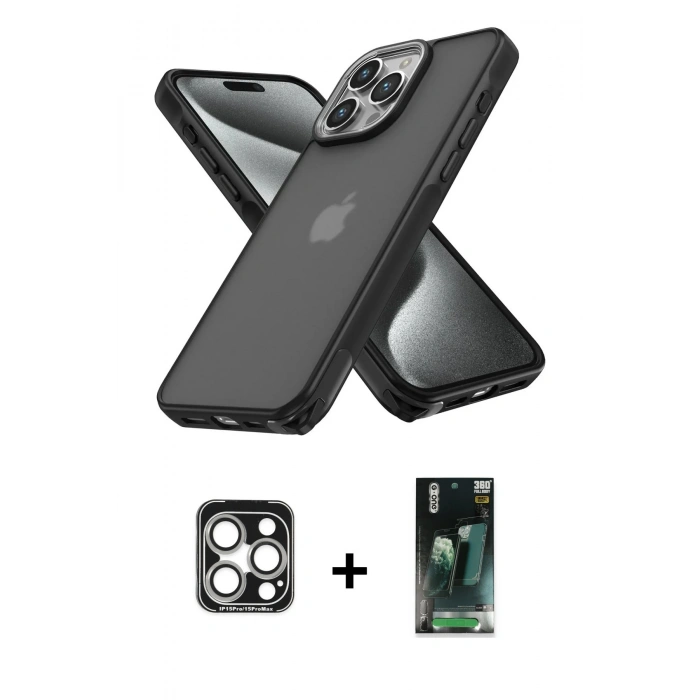 MARSİLYAN™- iPhone 15 Pro Max Kılıf Atlas Form - Şeffaf 360 Full Body Arka Koruyucu + PVD Metal Kamera Lens - GS
