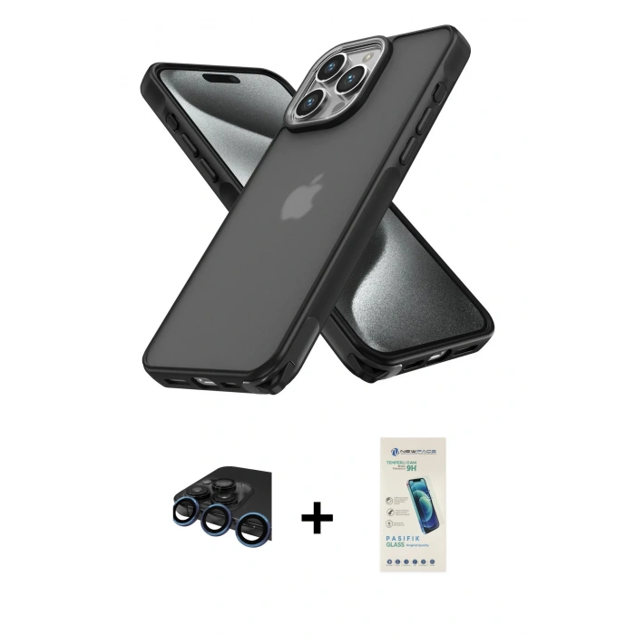 MARSİLYAN™- iPhone 15 Pro Max Kılıf Atlas Form - Şeffaf Pasifik Cam Ekran Koruyucu + Raze Metal Kamera Lens - LT