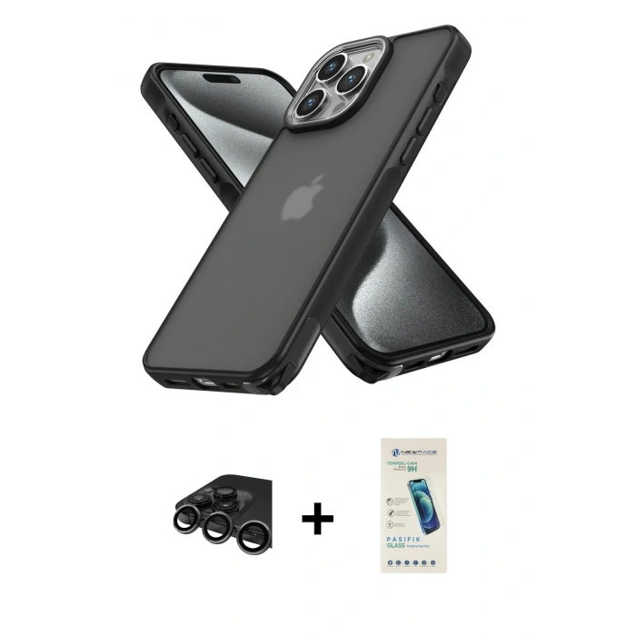 MARSİLYAN™- iPhone 15 Pro Max Kılıf Atlas Form - Şeffaf Pasifik Cam Ekran Koruyucu + Raze Metal Kamera Lens - TMGI