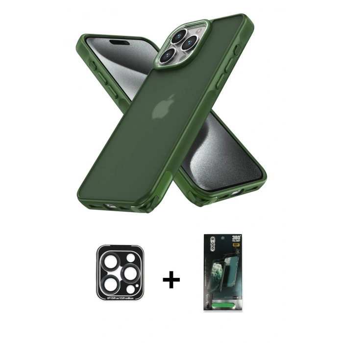 MARSİLYAN™- iPhone 15 Pro Max Kılıf Atlas Form - Siyah 360 Mat Full Body Arka Koruyucu + PVD Metal Kamera Lens - LT