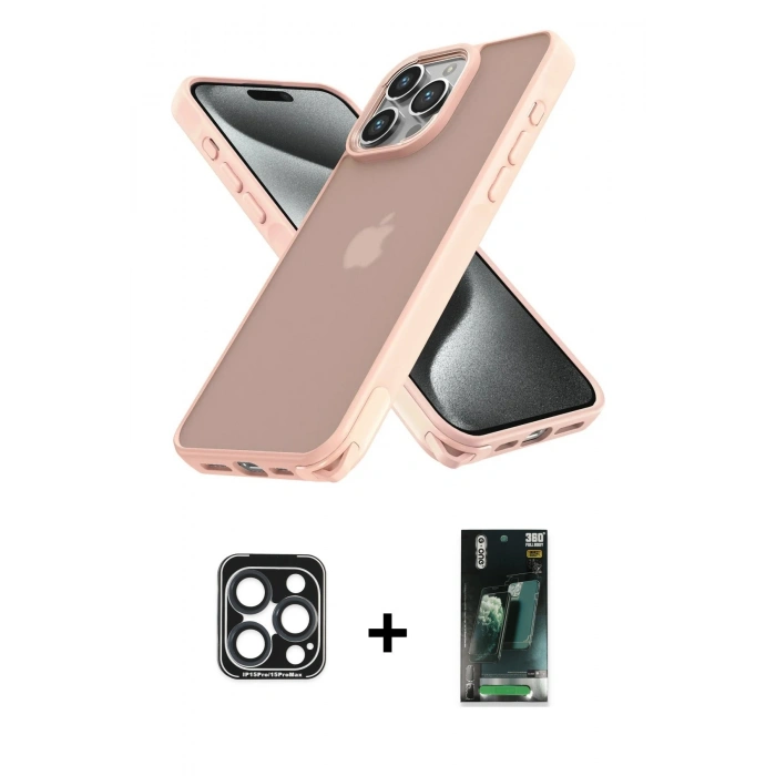 MARSİLYAN™- iPhone 15 Pro Max Kılıf Atlas Form - Siyah 360 Mat Full Body Arka Koruyucu + PVD Metal Kamera Lens - LT
