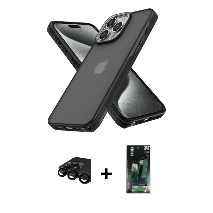 MARSİLYAN™- iPhone 15 Pro Max Kılıf Atlas Form - Siyah 360 Mat Full Body Arka Koruyucu + Raze Metal Kamera Lens - SH