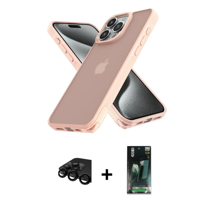 MARSİLYAN™- iPhone 15 Pro Max Kılıf Atlas Form - Siyah 360 Mat Full Body Arka Koruyucu + Raze Metal Kamera Lens - SH