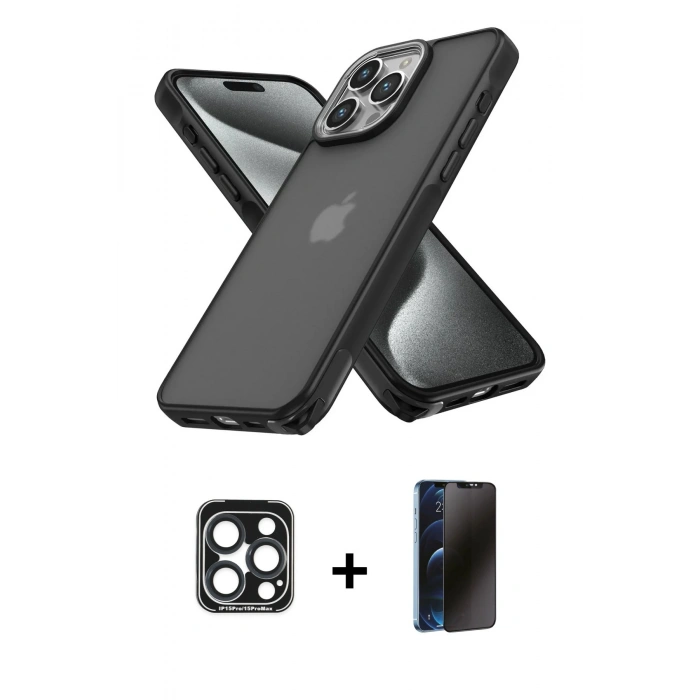 MARSİLYAN™- iPhone 15 Pro Max Kılıf Atlas Form - Siyah 3D Antistatik Hayalet Cam Ekran Koruyucu + PVD Metal Kamera Lens - LT