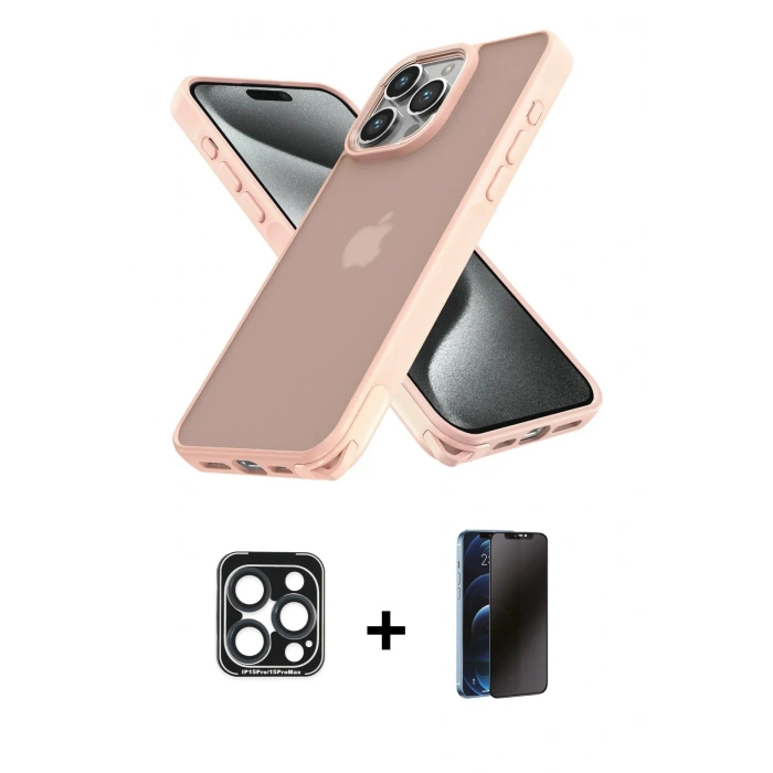 MARSİLYAN™- iPhone 15 Pro Max Kılıf Atlas Form - Siyah 3D Antistatik Hayalet Cam Ekran Koruyucu + PVD Metal Kamera Lens - LT