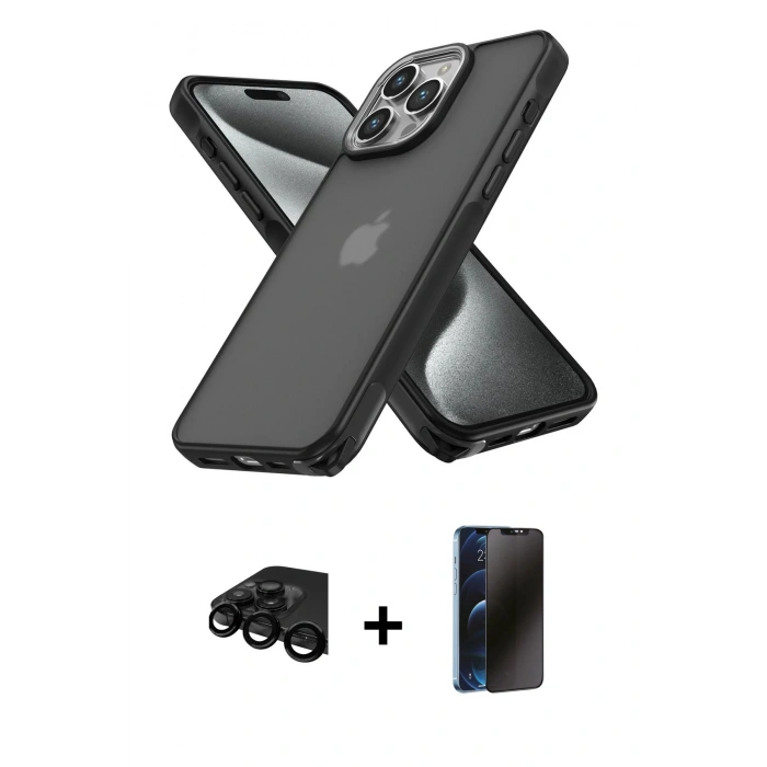 MARSİLYAN™- iPhone 15 Pro Max Kılıf Atlas Form - Siyah 3D Antistatik Hayalet Cam Ekran Koruyucu + Raze Metal Kamera Lens - SH