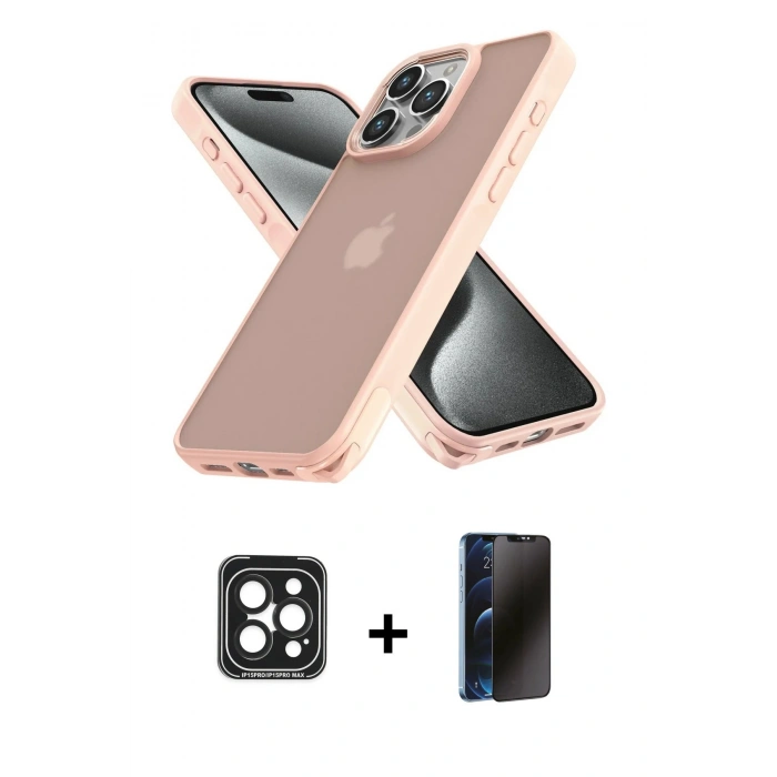 MARSİLYAN™- iPhone 15 Pro Max Kılıf Atlas Form - Siyah 3D Antistatik Hayalet Cam Ekran Koruyucu + PVD Metal Kamera Lens - SH
