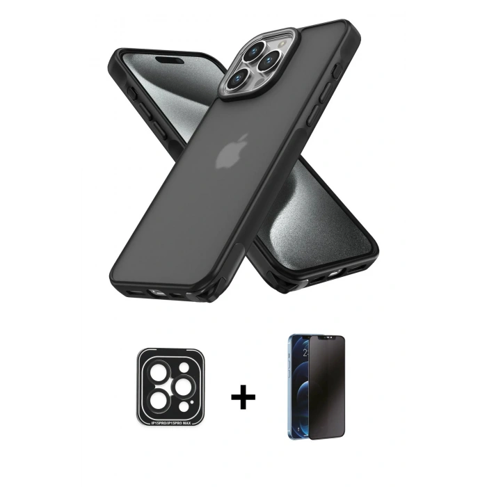 MARSİLYAN™- iPhone 15 Pro Max Kılıf Atlas Form - Siyah 3D Antistatik Hayalet Cam Ekran Koruyucu + PVD Metal Kamera Lens - SH