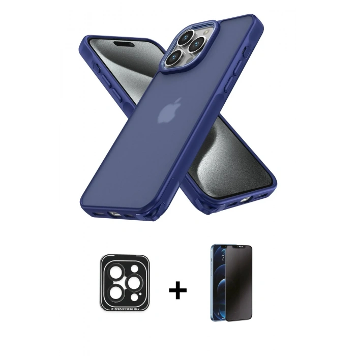 MARSİLYAN™- iPhone 15 Pro Max Kılıf Atlas Form - Siyah 3D Antistatik Hayalet Cam Ekran Koruyucu + PVD Metal Kamera Lens - SH