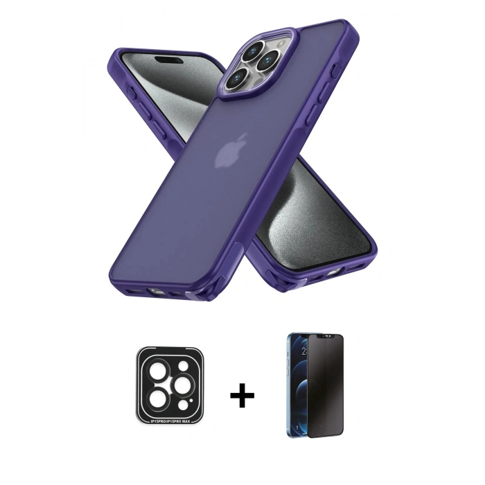 MARSİLYAN™- iPhone 15 Pro Max Kılıf Atlas Form - Siyah 3D Antistatik Hayalet Cam Ekran Koruyucu + PVD Metal Kamera Lens - SH