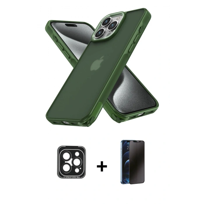 MARSİLYAN™- iPhone 15 Pro Max Kılıf Atlas Form - Siyah 3D Antistatik Hayalet Cam Ekran Koruyucu + PVD Metal Kamera Lens - SH