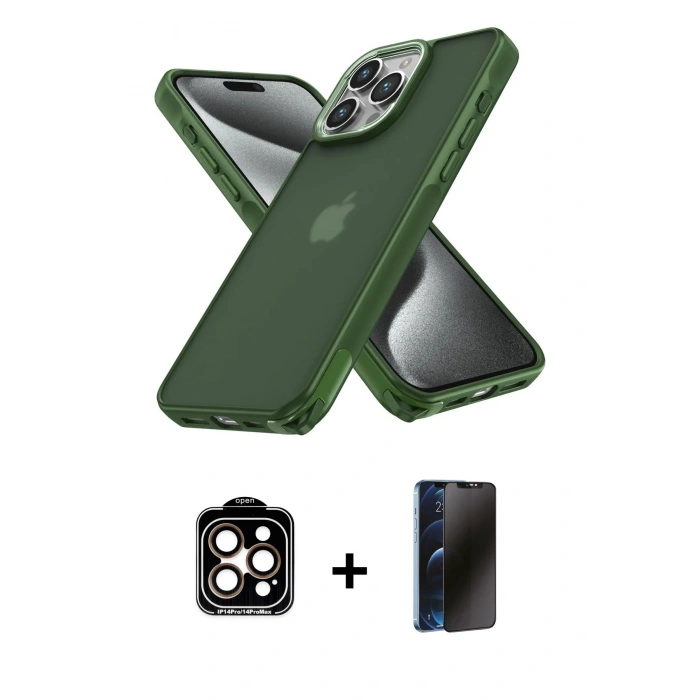 MARSİLYAN™- iPhone 15 Pro Max Kılıf Atlas Form - Siyah 3D Antistatik Hayalet Cam Ekran Koruyucu + PVD Metal Kamera Lens - TU
